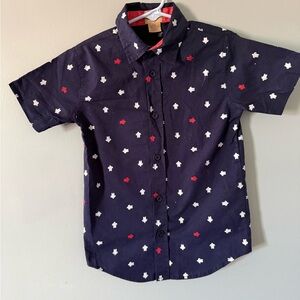Navy Blue Short Sleeve Shirt with Red and White Accents